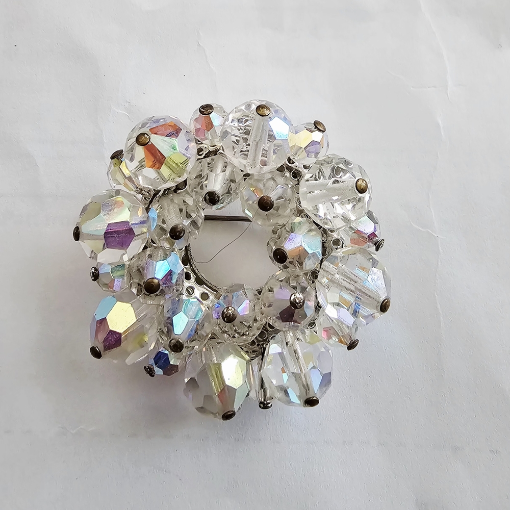 Iridescent Aurora Borealis Crystal Circle Wreath Brooch